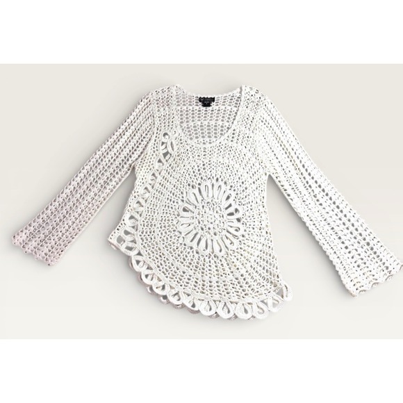 Papillon Blanc Sweaters - Papillon White Crochet Floral Sunburst Knit Tunic Top Sweater L
